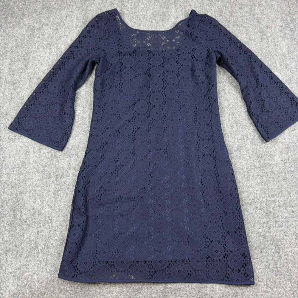 Lilly Pulitzer Topanga Shift Dress Womens Medium Navy Blue Lace 3/4 Sleeve Scoop